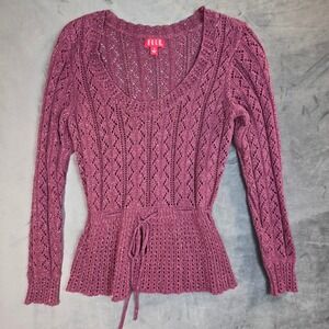 ELLE Womens Plum Purple Metallic Pointelle Knit Drawstring Peplum Sweater Medium